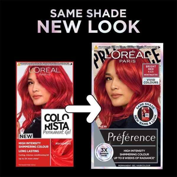 L'Oréal Paris Permanent Hair Colour, Long-Lasting Shine and Intense Colour,  For up to 8 Weeks, Preference Vivids (Colorista), Bright Red  - Care  and Shop