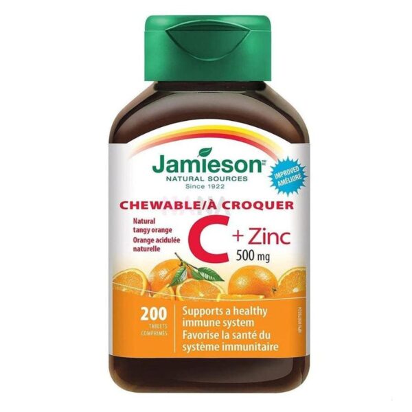 Jamieson C + Zinc Chewable 500mg, Natural Tangy Orange, 200 Tabs