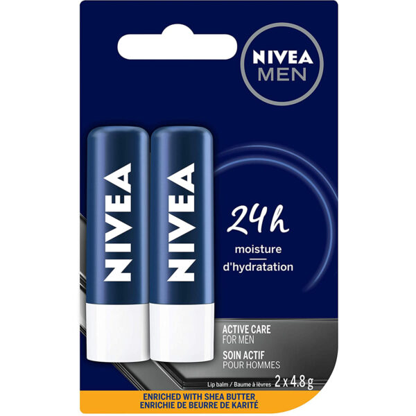 NIVEA MEN Active Care Lip Balm (2 x 4.8g Stick), Quick-Absorbing Dry Lip Balm, Shine-Free Lip Moisturizer with Shea Butter, Avocado and Jojoba Oils, 24-Hour Hydration