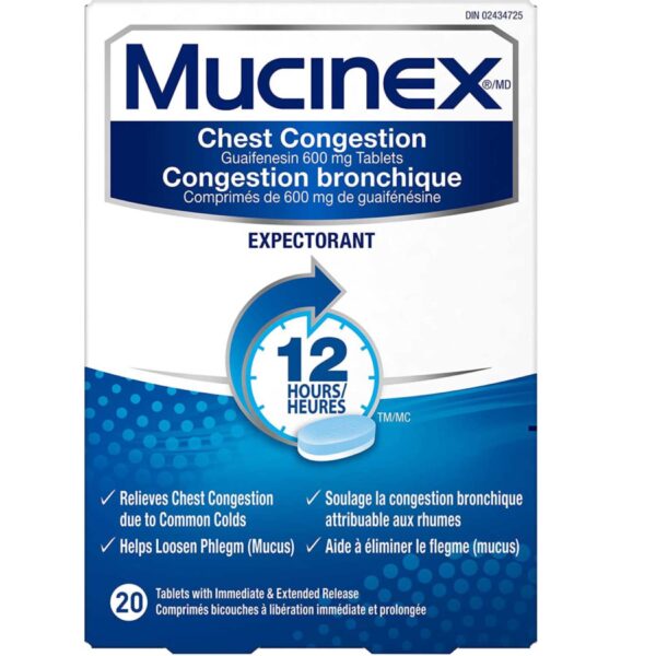 Mucinex Chest Congestion Guaifenesin 600 mg Tablets Expectorant (Cough Medicine), 20 Count