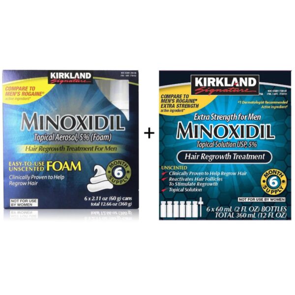 كيركلاند مينوكسيديل ٦ رغوة + ٦ زجاجات موضعية عبوة ثنائية لإعادة نمو الشعر للرجال