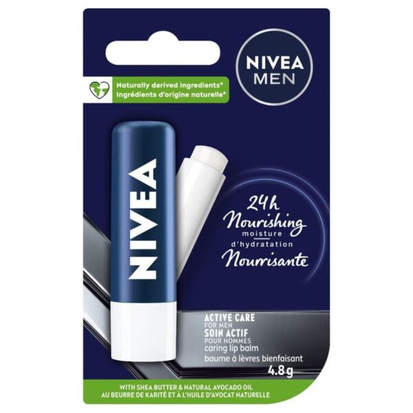 NIVEA MEN Active Lip Balm, 4.8g | Made with Jojoba Oil & Shea Butter, 24H Hydration, Transparent