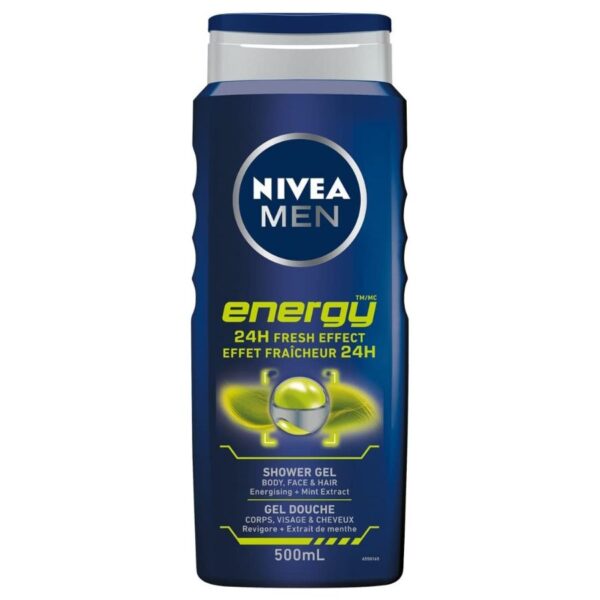 NIVEA MEN Energy Shower Gel (500mL), 3 in 1 Body Wash, Liquid Soap with Invigorating Mint Extract Provides 24H Refreshing Effect