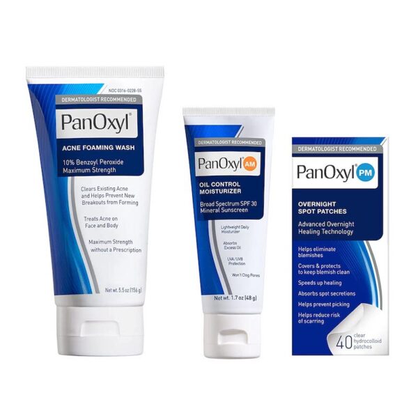 PanOxyl 10% Benzoyl peroxide Acne Foaming Wash, Oil Control Moisturizer & Patches Bundle