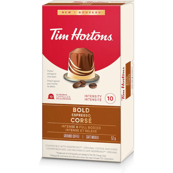 Tim Hortons Bold Espresso Capsules, Nespresso Original Line Compatible Capsules, 10 Count