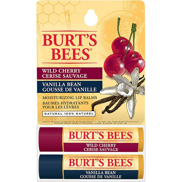 مرطب شفاه طبيعي ١٠٠٪ من Burt's Bees للشفاه الجافة والمتشققة، للحصول على شفاه ناعمة ورطبة - عبوة من قطعتين - بنكهة الفانيليا والكرز البري
