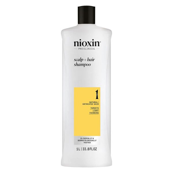 Nioxin Scalp + Hair System 1 Shampoo - Deep Cleansing Shampoo for Untreated Hair Prevents Thinning Hair - With Biotin, Caffeine & Niacinamide (1 L)