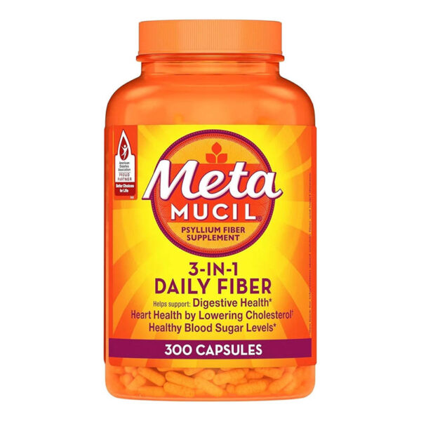 Metamucil, Daily Psyllium Husk Powder Supplement, 3-in-1 Fiber for Digestive Health, Plant Based Fiber, 300ct Capsules