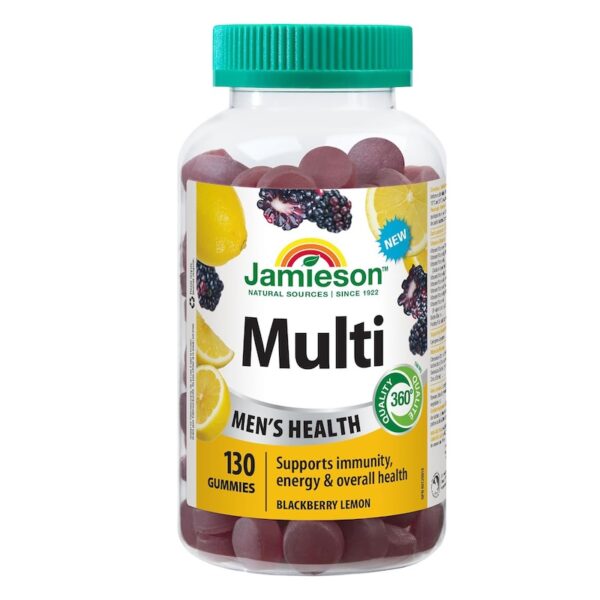 Jamieson Multivitamin Gummies for Men blackberry Lemon Flavor, Supports Immunity, Energy and Overall Health, with Selenium, Lycopene, Zinc, Vitamin B12, and Vitamin D3, Vegetarian, Non-GMO, No Gluten, Artificial Colours, Flavours or Preservatives, 130 Count