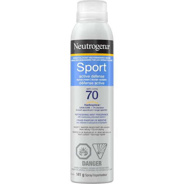 Neutrogena Sport Active Defense SPF 70 Sunscreen Spray, Sweat & Water Resistant Spray Sunscreen with Broad Spectrum UVA/UVB Sun Protection for Sunburn Prevention, Oxybenzone-Free, 141g