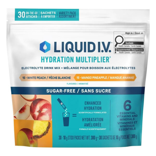 Liquid IV Sugar-Free Hydration Multiplier Drink Mix, 15x White Peach, 15x Mango Pineapple, 30 Stick Packs